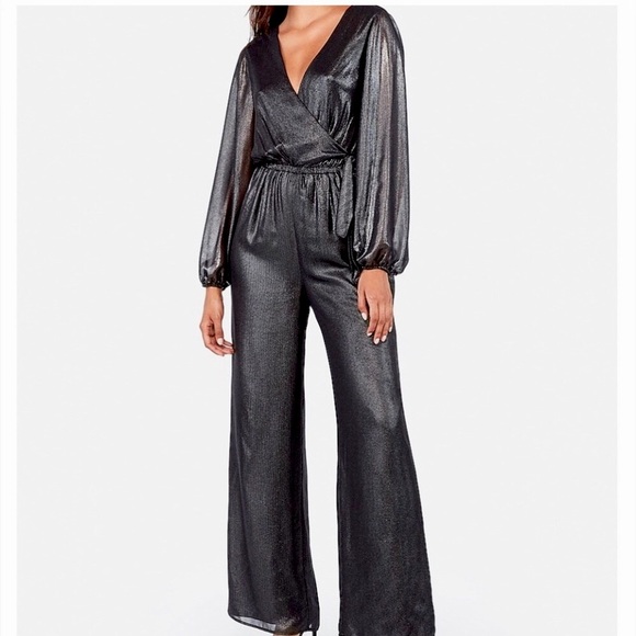 EXPRESS Gunmetal jumpsuit w/belt, surplice V-neckline perfect 4 holidays like me - Picture 2 of 10